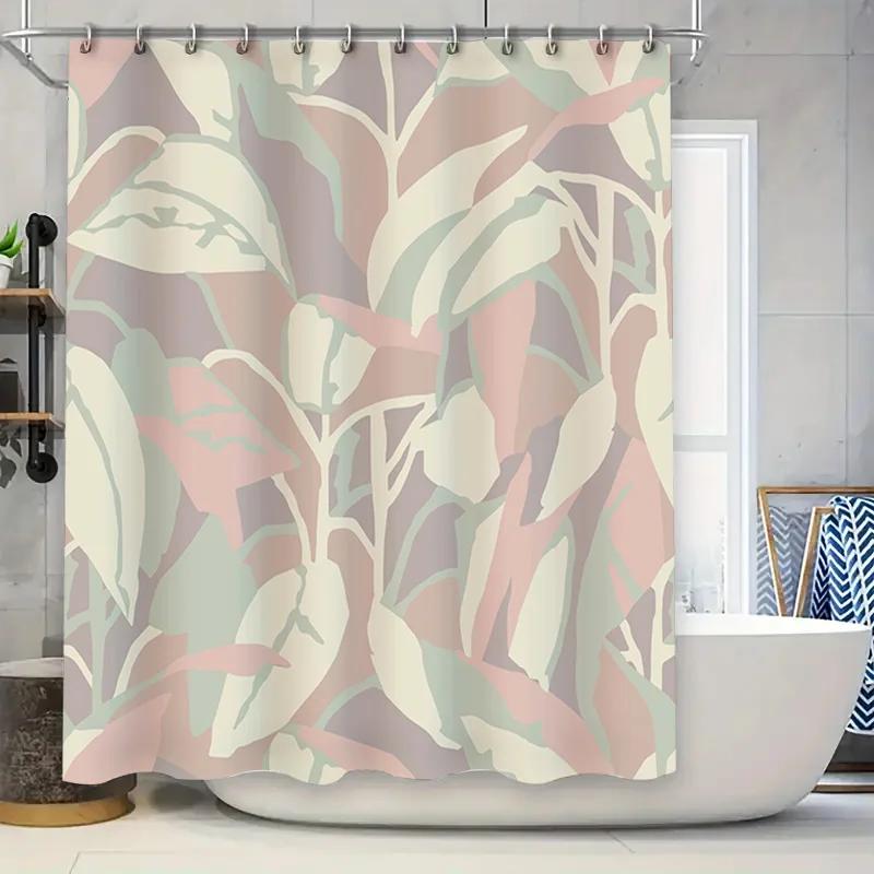 Bathroom Decor Shower Curtain with Leaves Design Elegant Print for Bathroom Decoration Soft Fabric Water-Resistant Bath Mat W90xH180cm