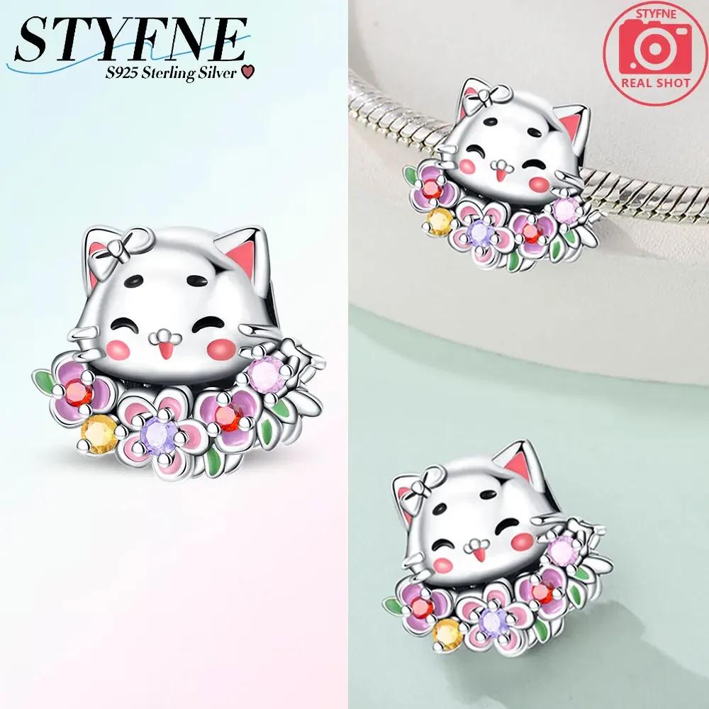 Original Copper Pink Heart Zircon Flowers Cats Sunflowers Beaded Charm Fit Bracelet Women Gift Diy Jewelry Set