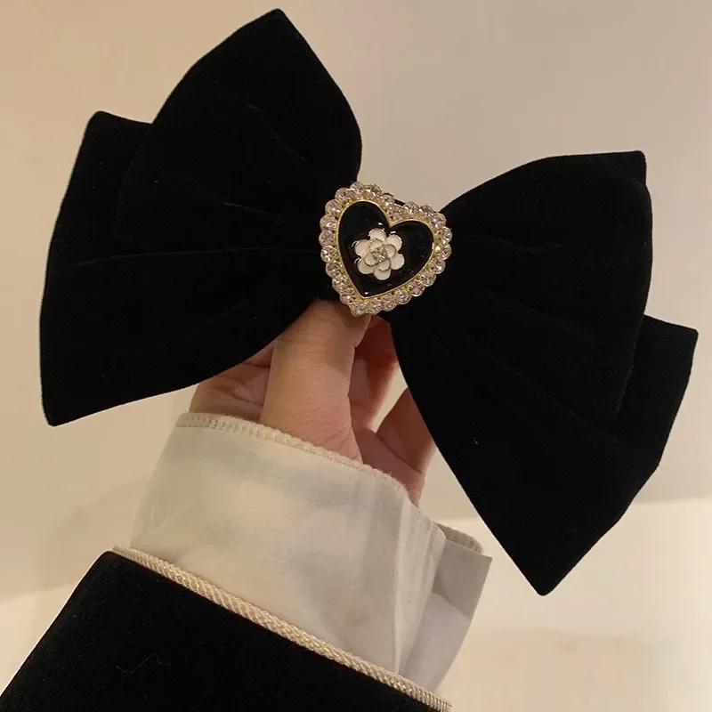 New Black Velvet Bow Hair Pins Elegant Fabric Alloy Roses Hair Clips for Women Fashion Ponytail Barrette Heawear Accessories