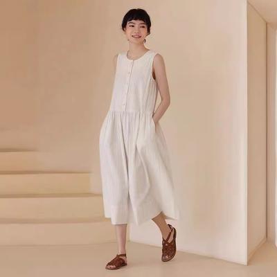 2025 Summer New Fresh Rattan-dyed Striped Vest Skirt Women's Loose and Thin Round Neck Sleeveless Solid Color Dress