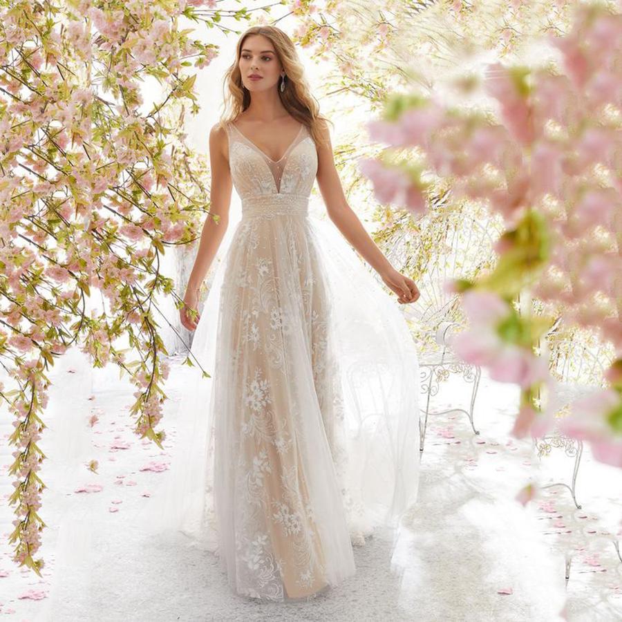 Ny Bröllopsklänning Önskan Sexig Mode V-ringning Ärmlös Spets Bröllopsklänning