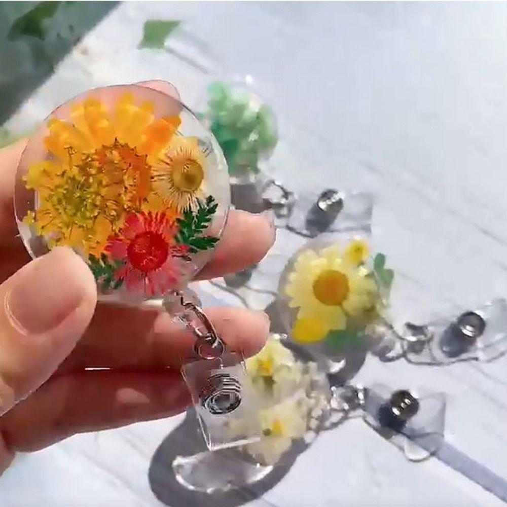 Resin Transparent Key Holder Pressed Floral Card Badge Holder Reels Keyring Badge Reel ID Lanyard