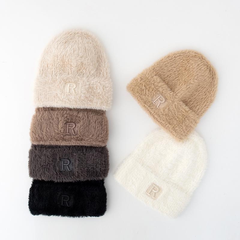 Korean New Winter Hat for Women's Big Head Wing Letter Wool Hat Imitation Mink Hair Autumn and Winter Warm Knit Hat Trend