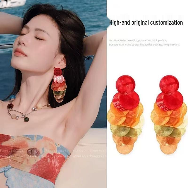 Silver Geometric Seashell Tassel Stud Earrings – Beach Vacation Style for Women