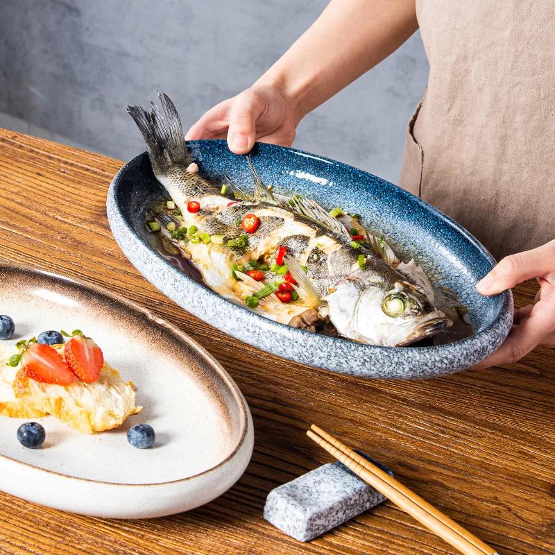 Creative Loading Fish Plate Household Special Elliptical Plate for Chop Pepper Head Set Fish Ceramic Steaming Fish Plate