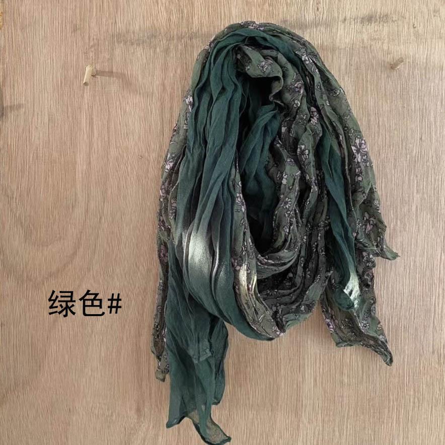 New Retro Literary Imitation Cotton And Linen Pleated Thin Versatile Shawl Small Floral Scarf Yarn Japanese Fashion Trend