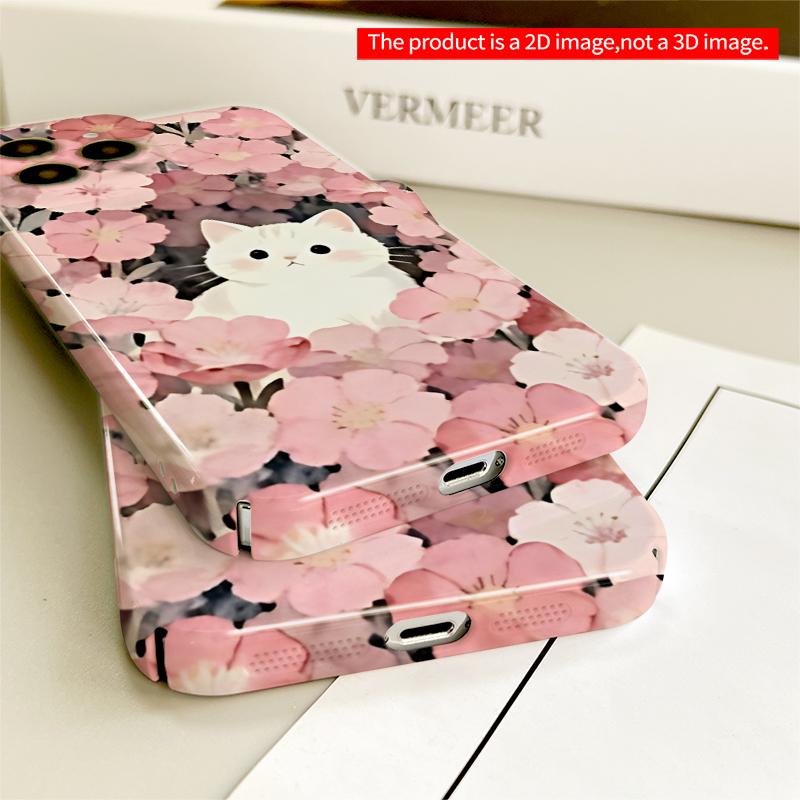 2DFlat White Kitten Among Pink Flowers Phone Case All inclusive film hard iPhone case, compatible with iPhone 18 Pro Max 17 16 15 14 13 12 11
