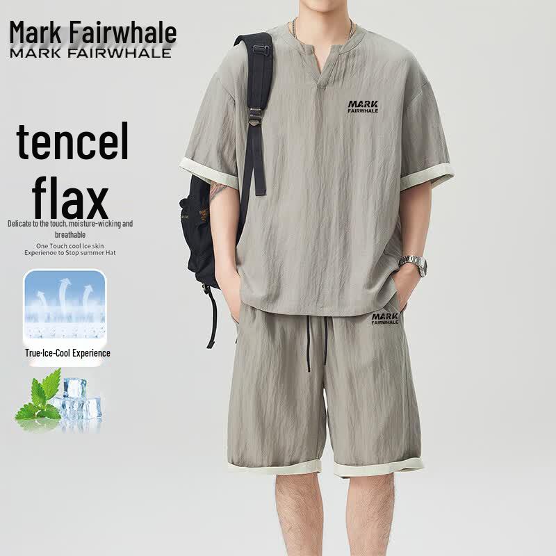 Mark Fairwhale Men s Tencel Linen V-Neck T-shirt & Shorts Set 3XL темно серый