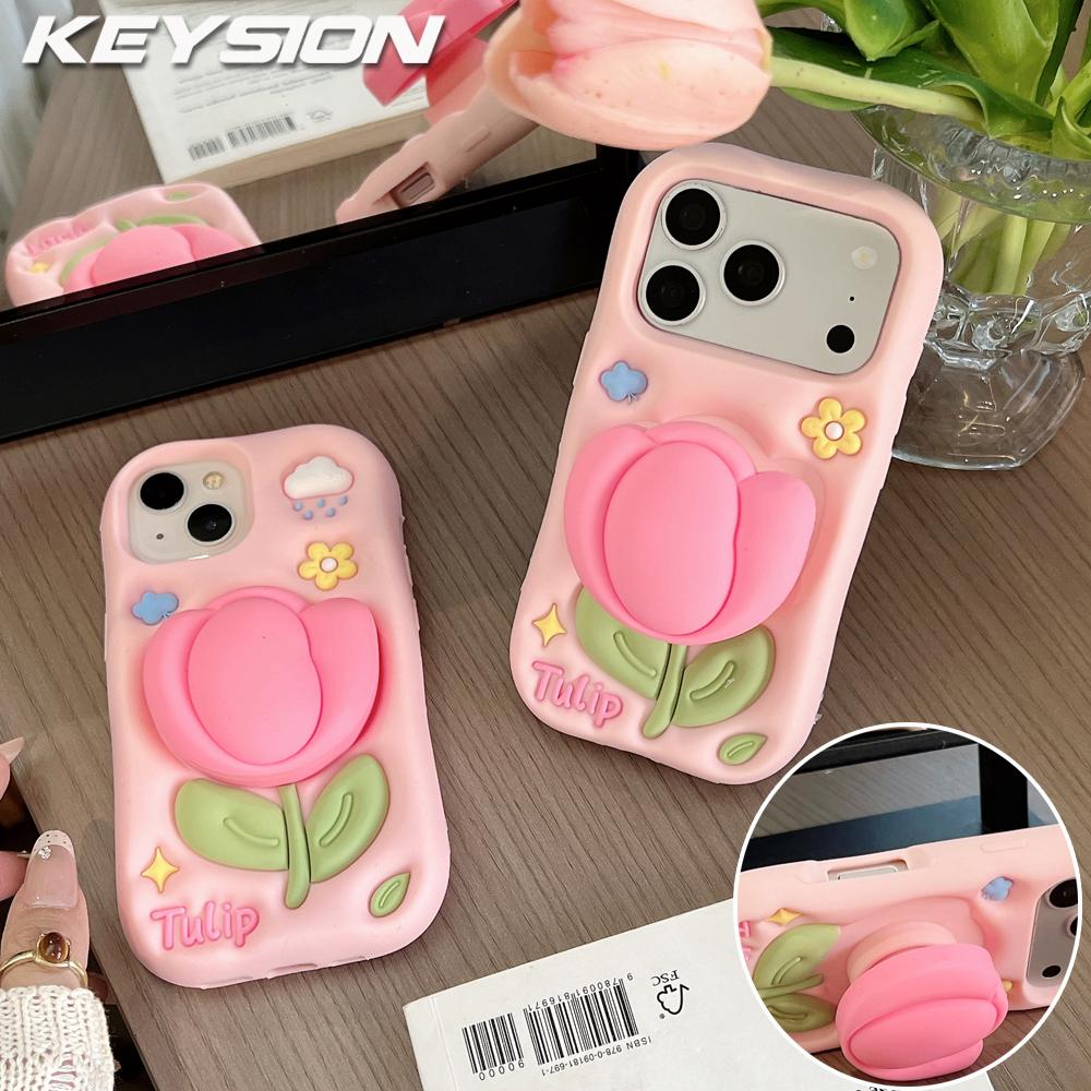 KEYSION Cute Cartoon 3D Tulip Flower Phone Case for iPhone 13 14 15 16 17 Pro Max Soft Silicone KickStand Shockproof Back Cover