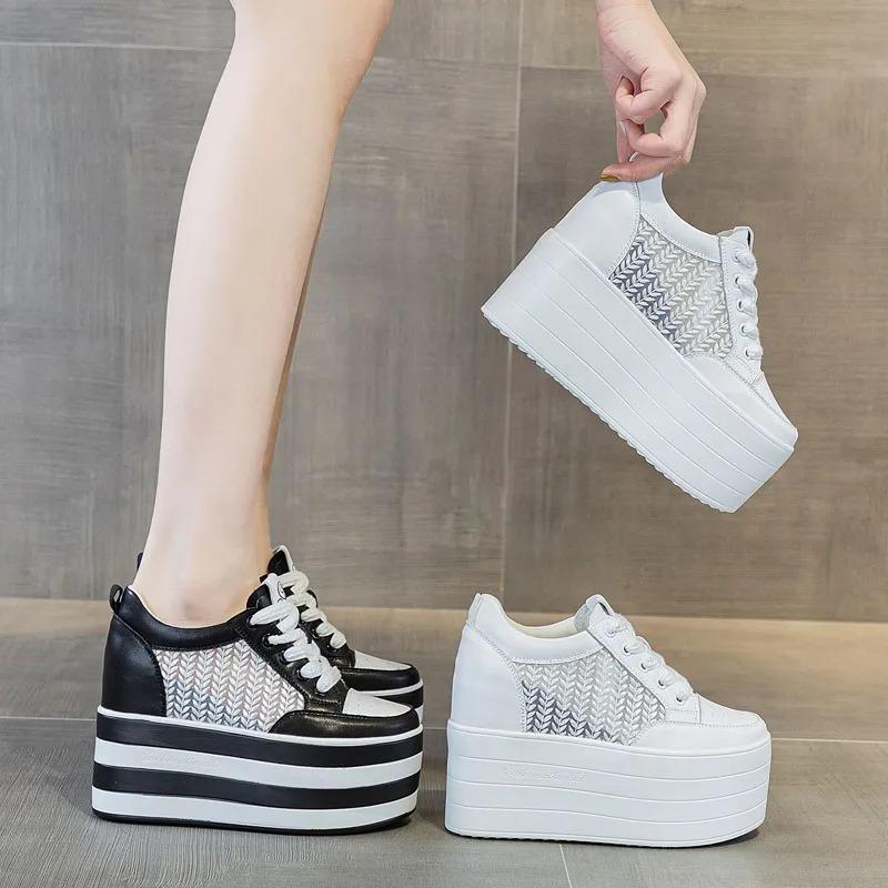 12cm New Air Mesh Leather Genuine Platform Wedge Flats Summer Spring Boot Ankle Women High Brand White High Heels Shoes