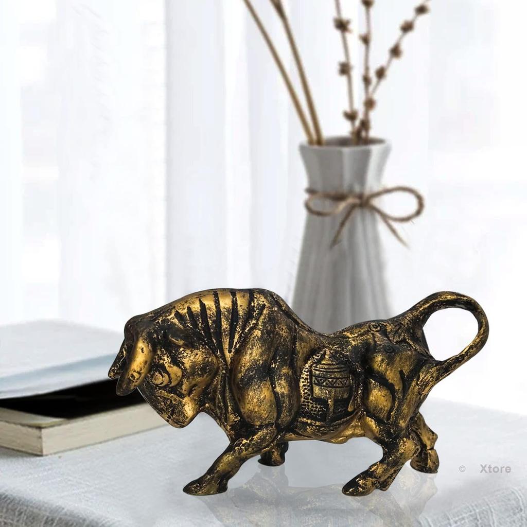 Brass Finish Bull Resin Statue for Home Decor (Pack of 1, Golden and Black)