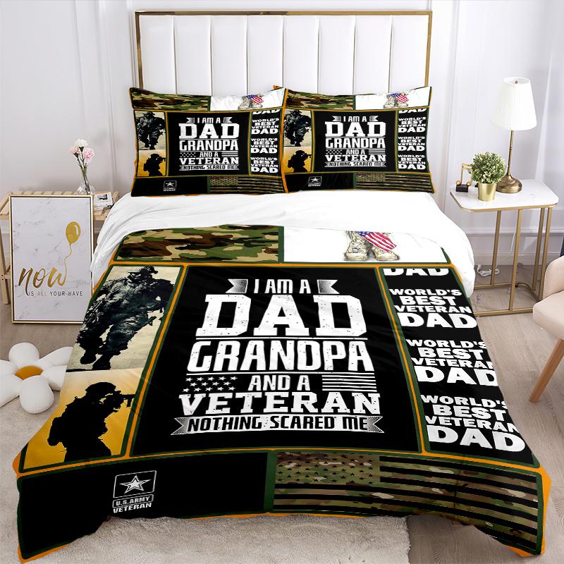3pcs World's Best Veteran Dad Quilt Cover Set, Soft & Comfortable Polyester Fabric, All-Season Breathable For 1 Quilt Cover & 2 Pillowcases (No Core)