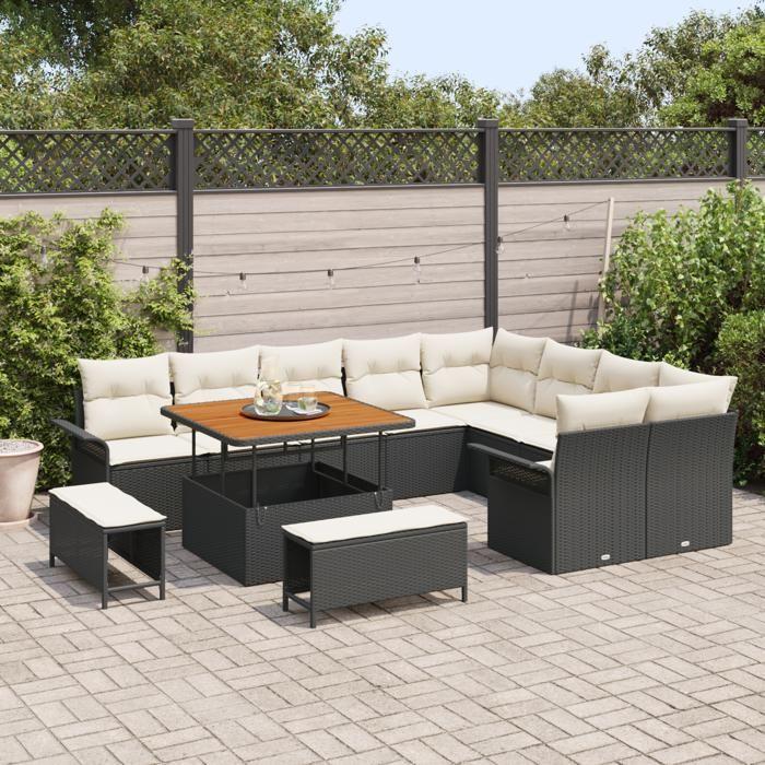 Ensemble de canapé de jardin de 12 pièces avec coussins en poly rotin noir crème, Canapé de jardin 2 places avec rangement 3364115