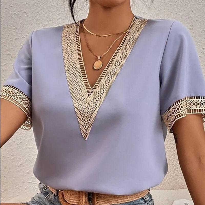 

Women s Fashion Shirts Casual Shirt Summer Spring Solid Color Print Lace Short Sleeve V-Neck Blouses & Shirts XXL фіолетовий