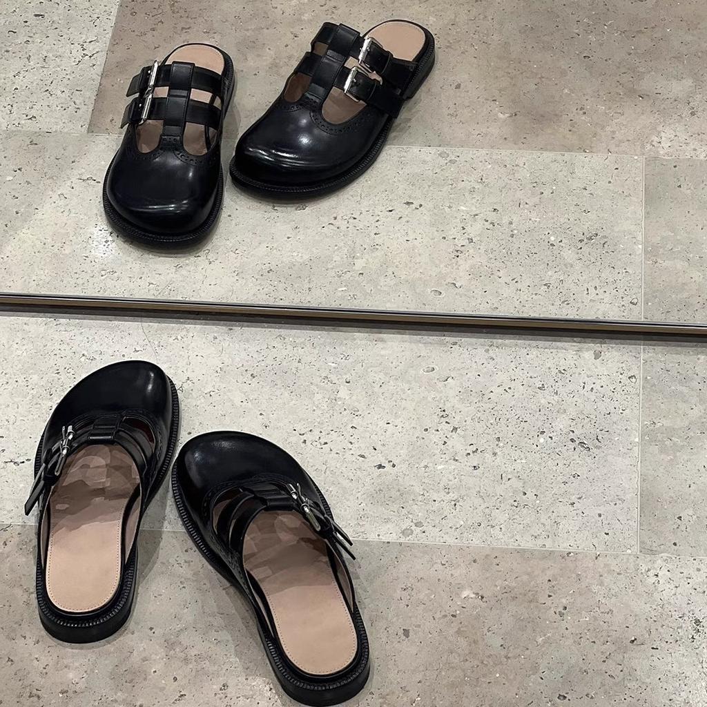 Woman Low Heels Round Toe Slippers Female Casual Slip On Metal Buckle Stap Slides Lady Outside Comfortable Gladiator Shoes