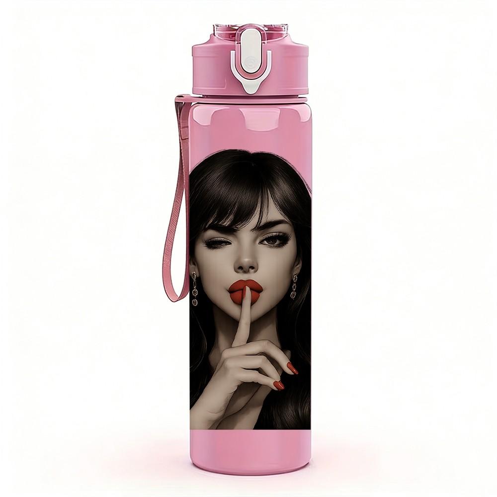 1PC Dark Haired Lady Quiet Portrait 750ml Color Plastic Sports Water Bottle Leakproof Flip Straw Lid For Sports Office Home Use