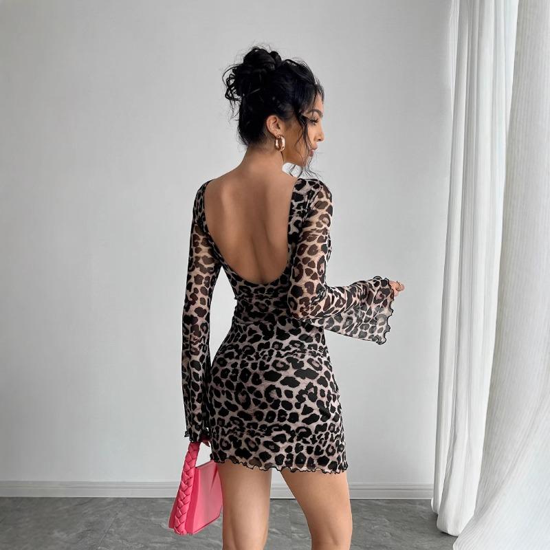 Women's Spring/summer Sexy Leopard Print Halter Sleeve Mesh Dress