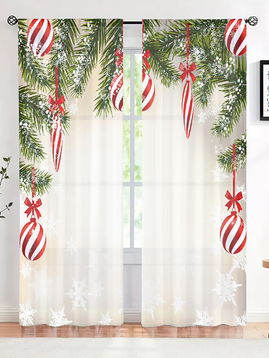 

2 pieces, Christmas ball pine leaf curtains -30% blackout - suitable for living room, bedroom, kitchen, home decoration W150CM H166CM&Rod pocket