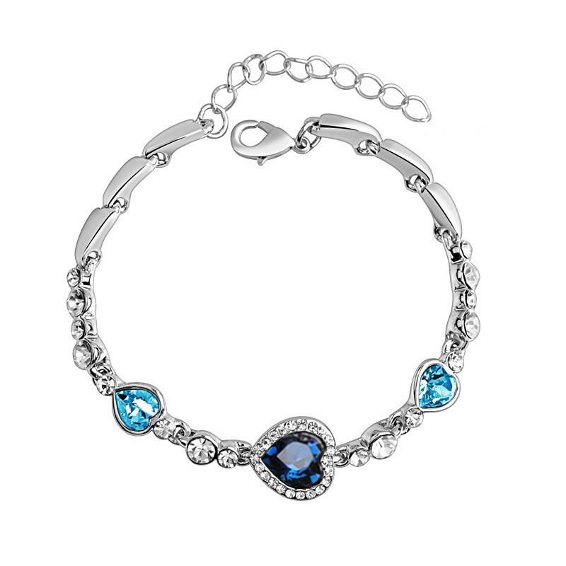 Women Ocean Blue Crystal Rhinestone Heart Bangle Bracelet