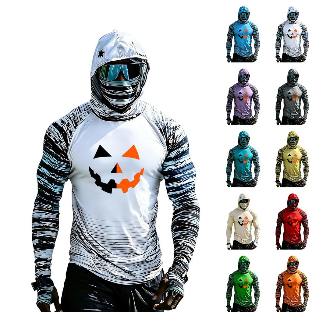 Men's Long Sleeve Hooded Sun Top with Color Block Raglan Sleeves Halloween Print