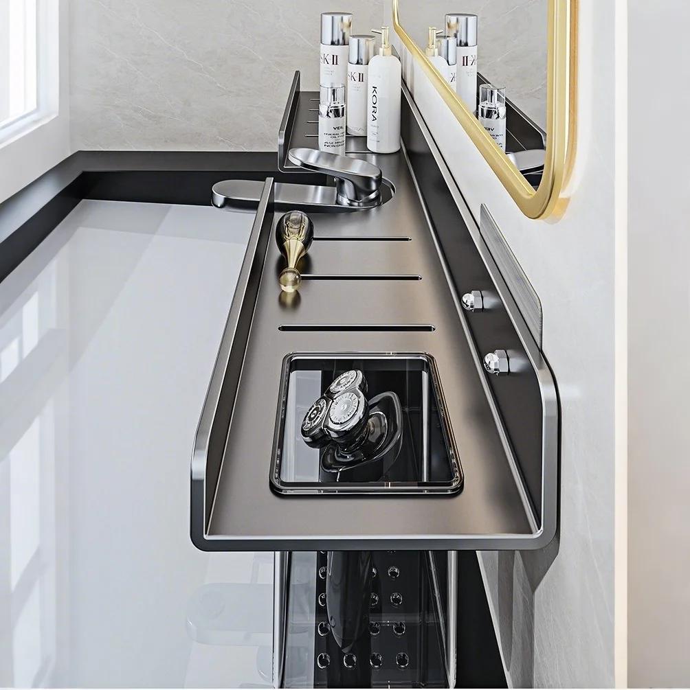 Modern Wall Mounted Mirror Front Bathroom Shelf Faucet Washbasin Washbasin Skin Care Products No Punch Bathroom Toilet Tray