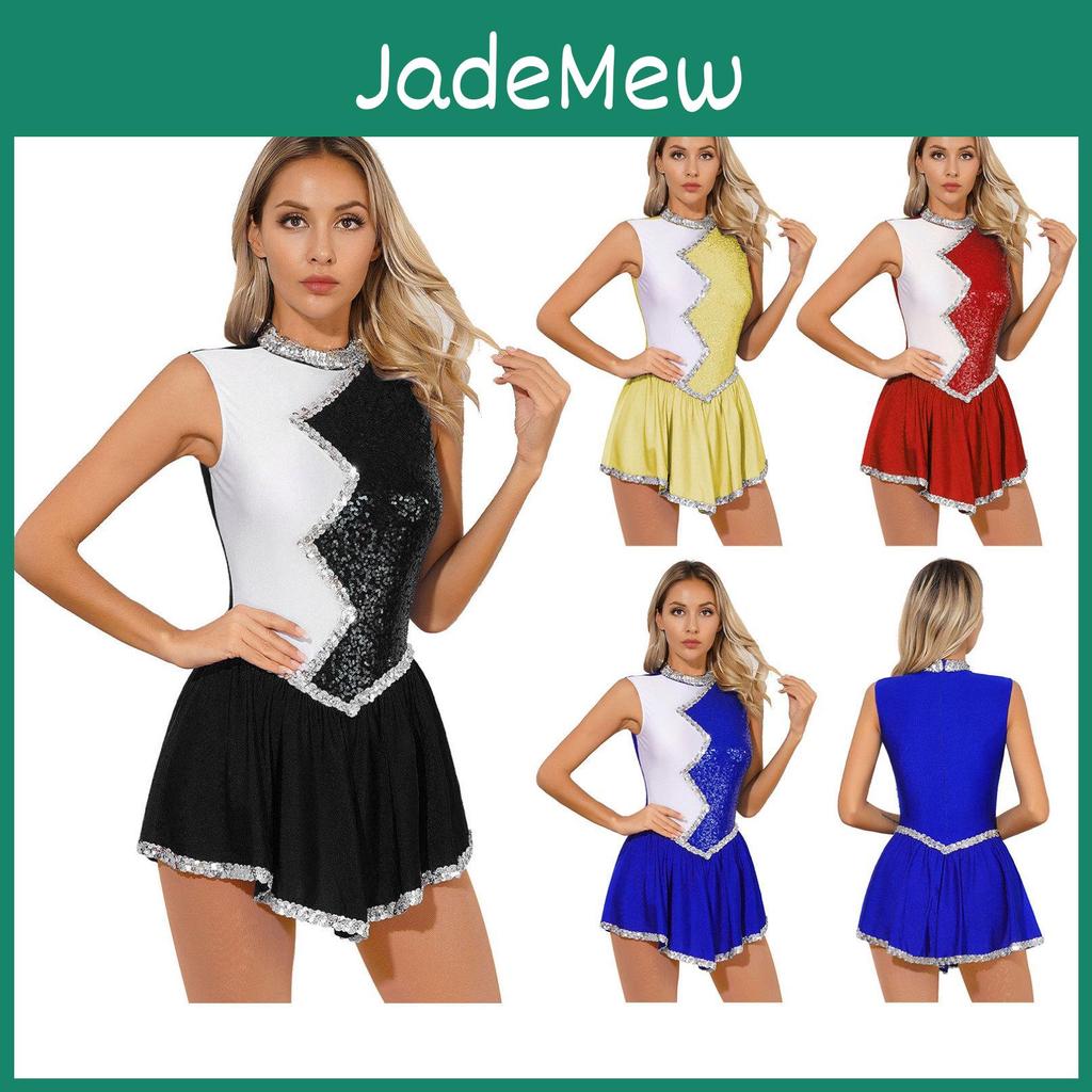 Dance Womens Figure Skating Performance Costume Shiny Sequin Color Block Patchwork Sleeveless Dress