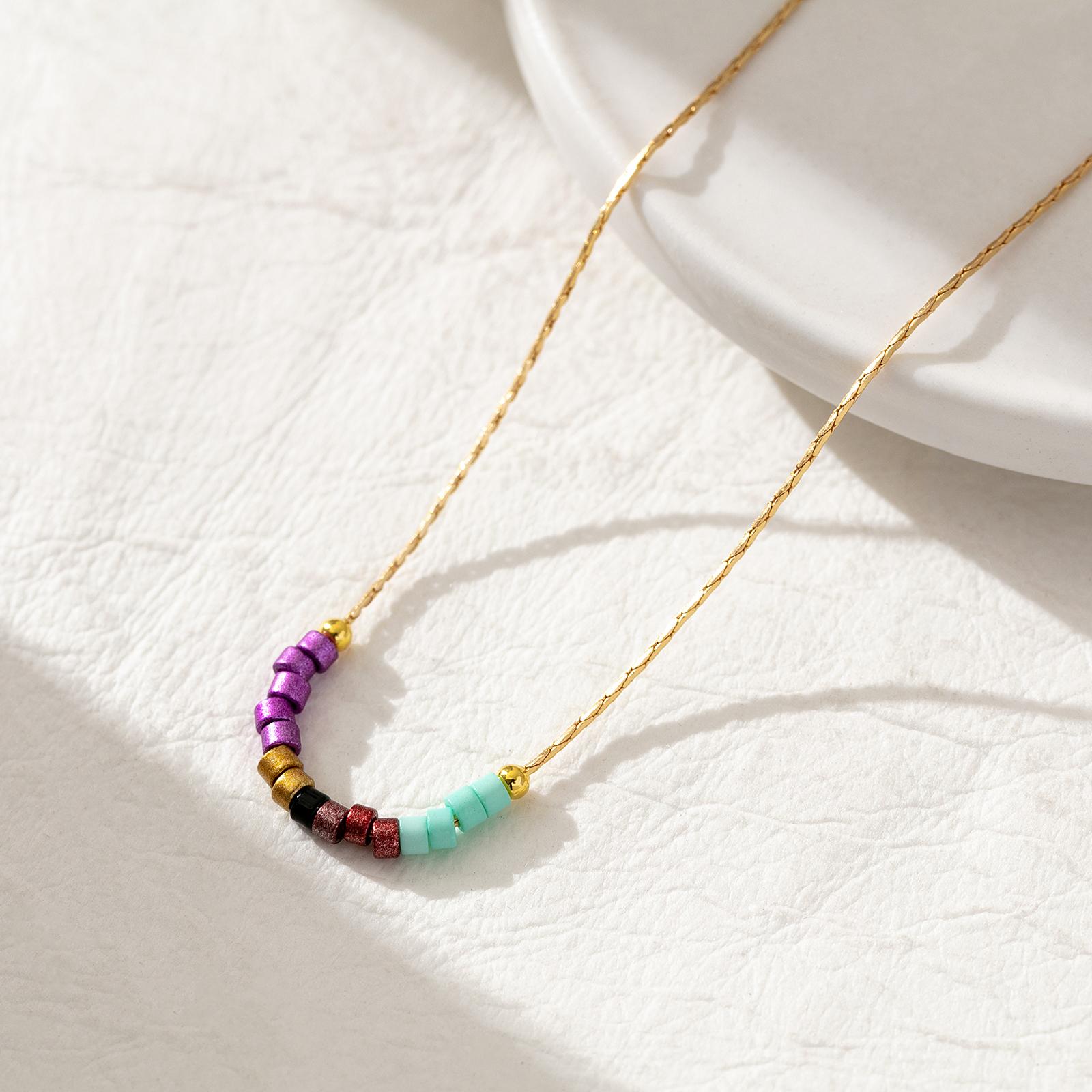 

Boho Colorful Glass Bead Necklace Golden U Shaped Pendant Delicate Clavicle Chain