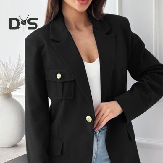 Women Suit Coat Lapel Long Sleeve Flap Pockets Suit Jacket Solid Color Single Button Office Lady Outwear