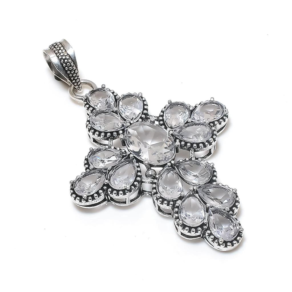 White Topaz Gemstone Silver Cross Pendant in 925 Sterling Silver - Handmade Pear Design, Everyday Wear Jewelry Father Day Gift