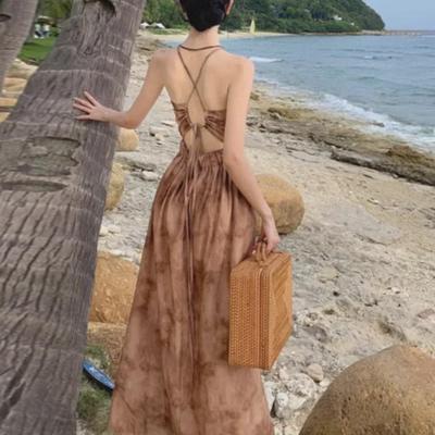 Women's Retro Coffee Halter V-Neck Dress: Sexy Backless A-Line Long Skirt