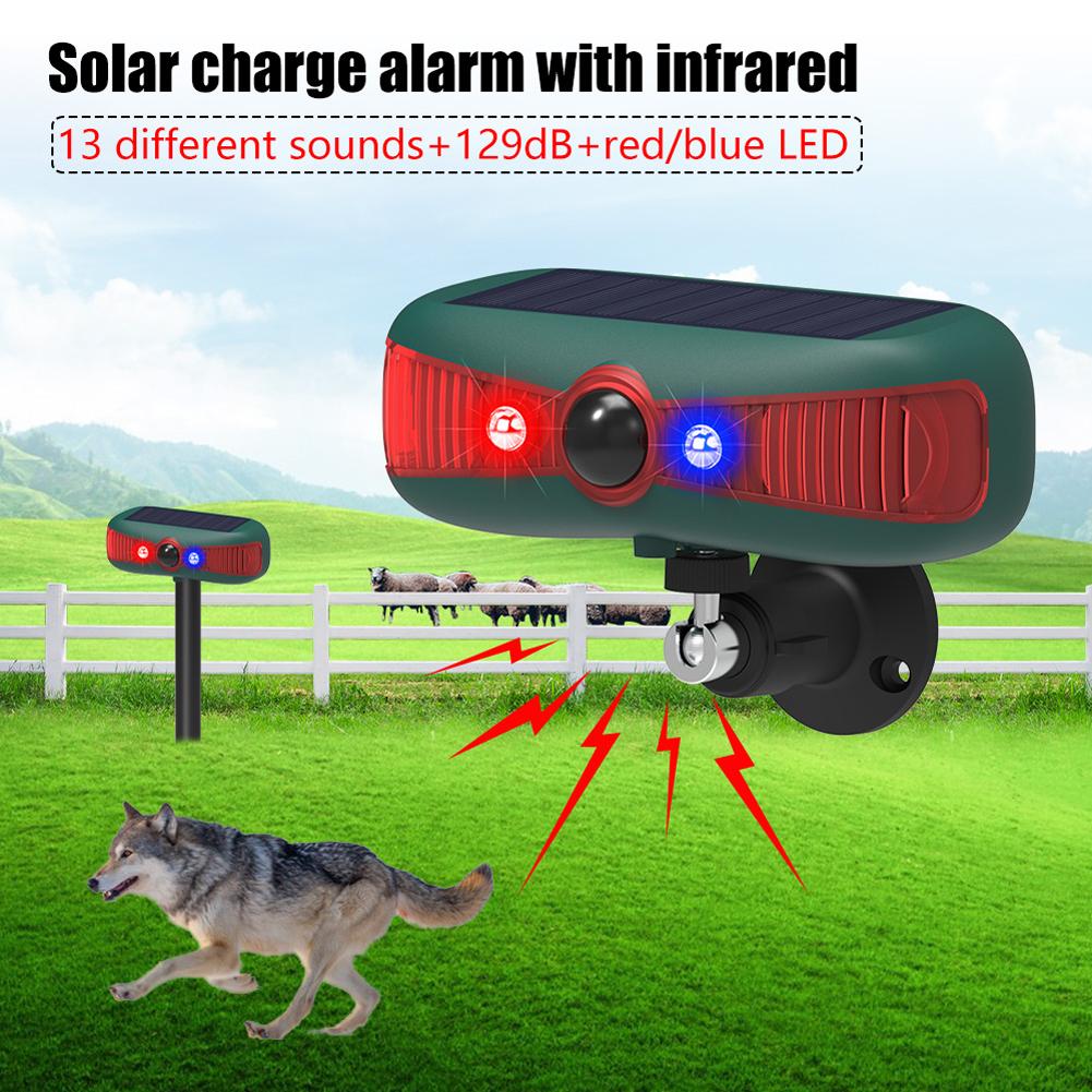 Repellente per Animali Solare Repellente per Animali ad Ultrasuoni Allarme 4 Modalità Alimentato a Energia Solare Deterrente per Animali con 13 Suoni per Cani Volpi Uccelli