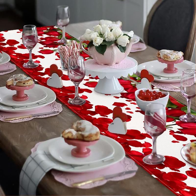Valentine Table Runners 72 Inches Long, Red Rose Valentine's Day Runners for Table Holiday Anniversary Wedding Kitchen Dining Table Decorations