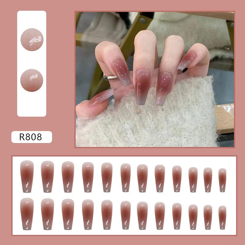 24 Pcs Autumn and Winter Whitening Medium and Long Blush Manicure Gradual Change Fog Blue Late Autumn Manicure Wearing Finished Nail