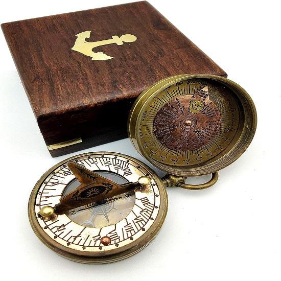 Pocket Sundial Compass, Both Side Handwork On The Sundial Bird with Wooden Box.