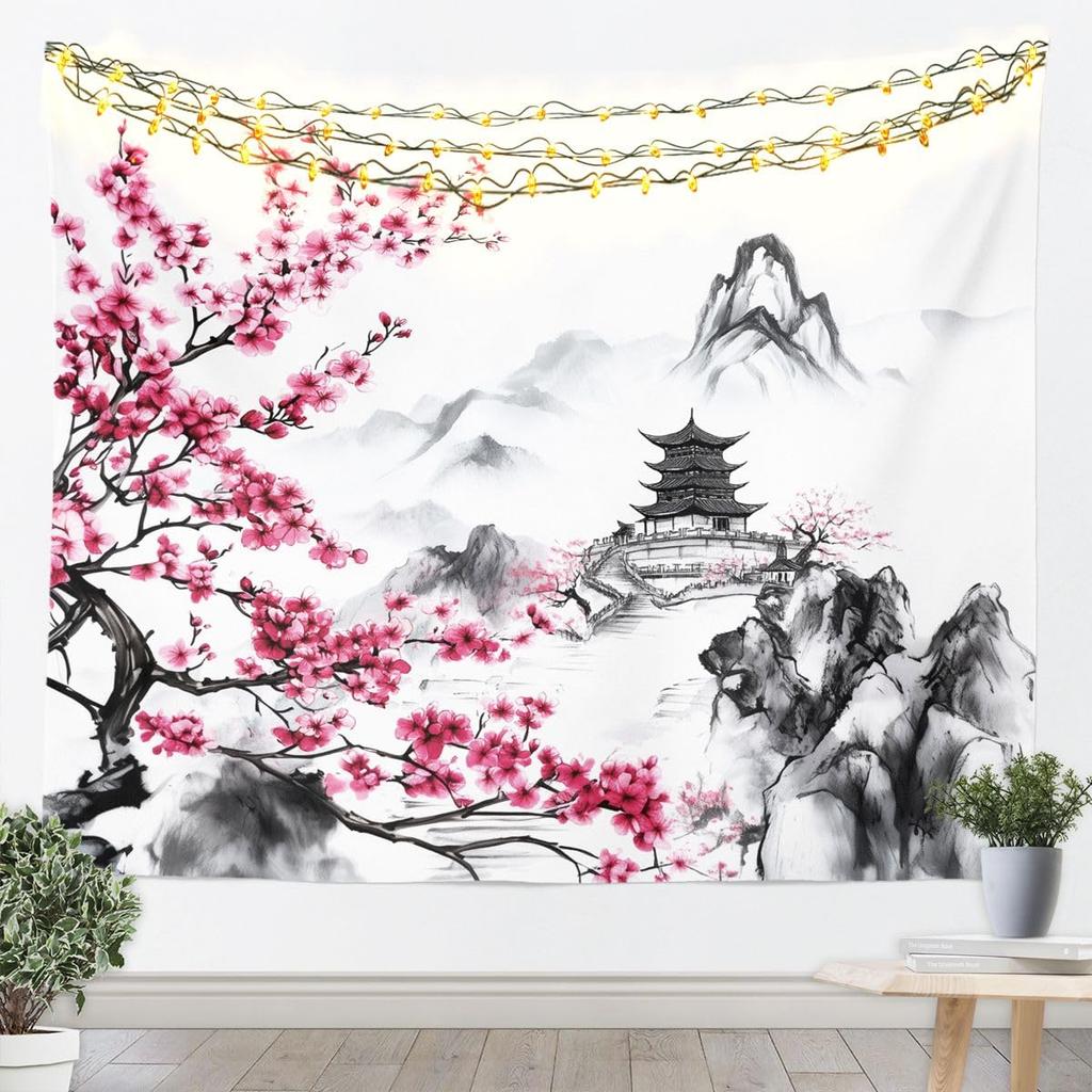 Cherry Blossom Tapestry Japanese Style Wall Art for Living Room Bedroom Chinese Ink Painting Wall Hanging Blanket Plum Blossom