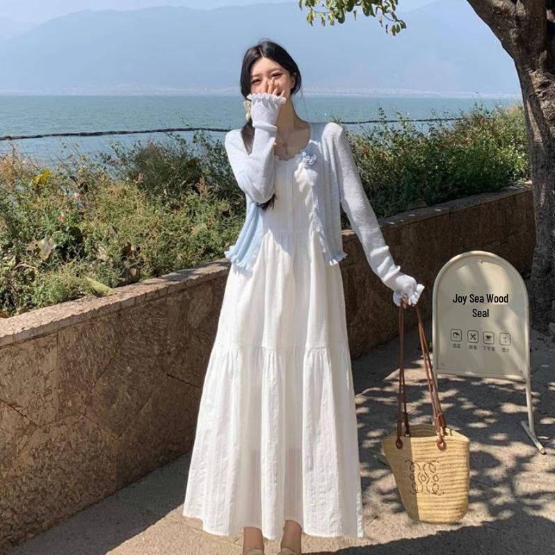 2026 French Summer White Dress & Spaghetti Strap with Knit Sun Protection Cardigan Set