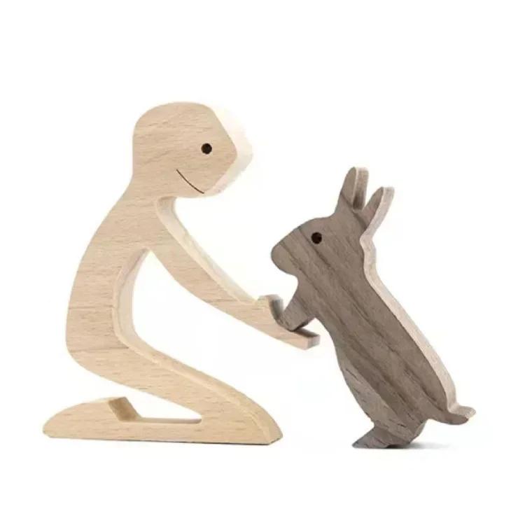Cute Family Puppy Wood Dog Craft Ornament Figurine Natural Gift for Home Decoration Accessories Handmade Sculptures Decor