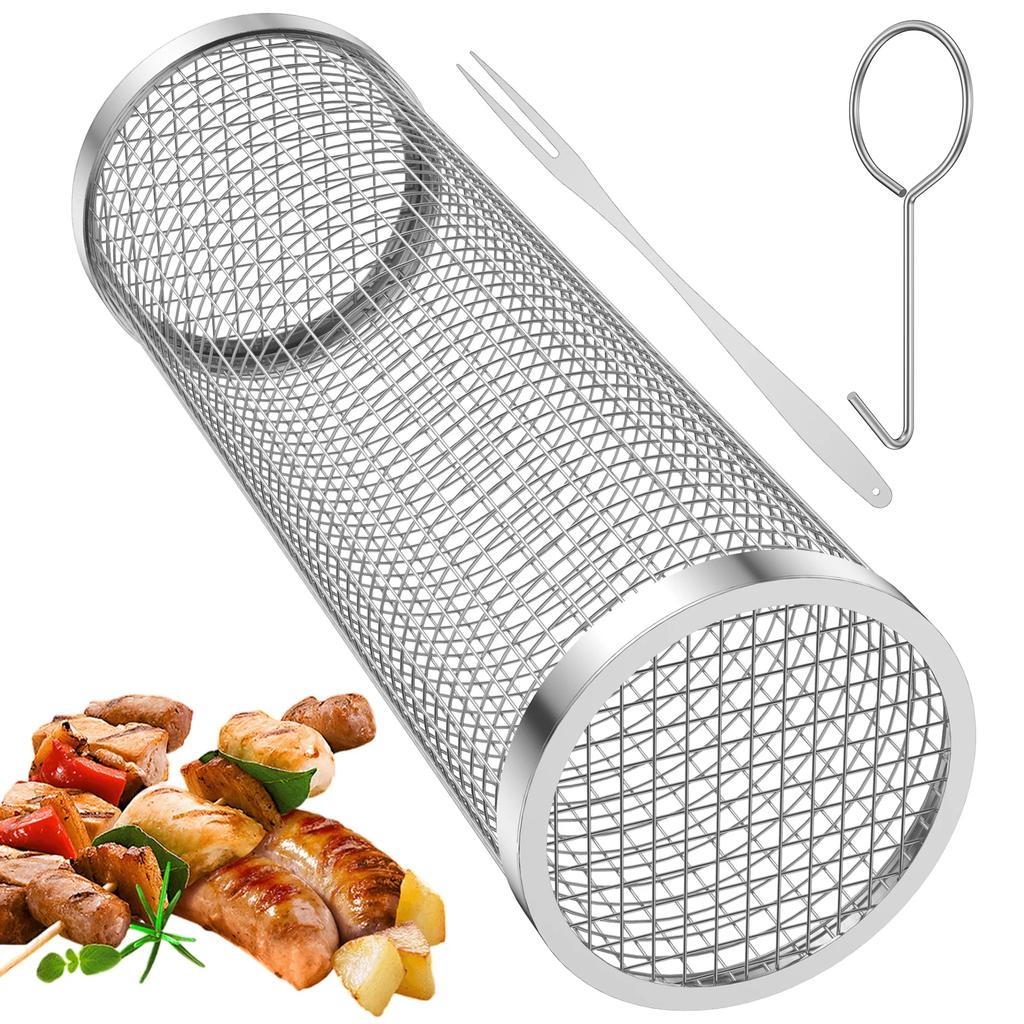 BBQ Basket Stainless Steel Rolling Grilling Basket Wire Mesh Cylinder Grill Basket Portable Round Outdoor Camping Barbecue Rack