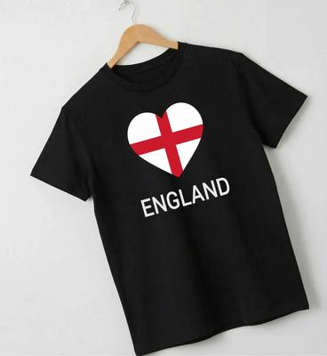 England Football T-Shirt Black Cotton Tee St George's Cross Heart World Cup 2026