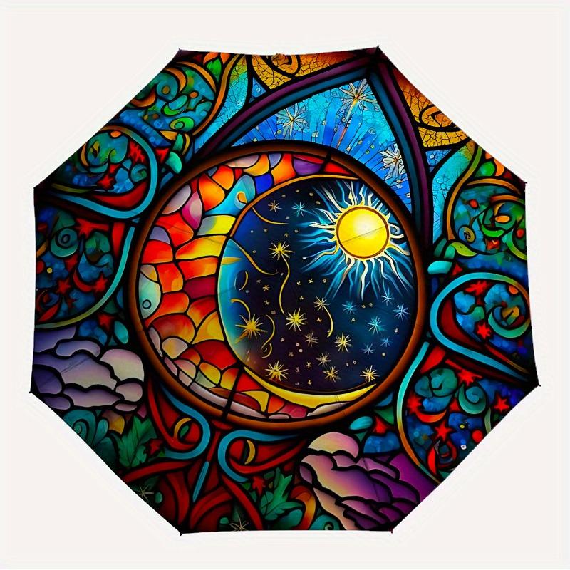 1pc Sun Moon Themed Design Umbrella 8 Rib Frame,Automatic Opening 3 Fold Umbrella, Lightweight and Durable Couple Umbrella-p0803025