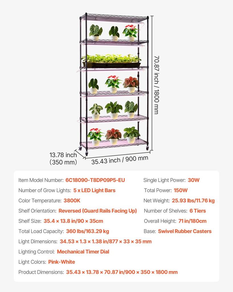 Pflanzenregal mit Pflanzenlicht, 6-stufiger Indoor-Pflanzenständer, 180 cm hoher Indoor-Pflanzen-Ausstellungsständer mit Rädern & Timer, 150W 3800K Vollspektrum Grow