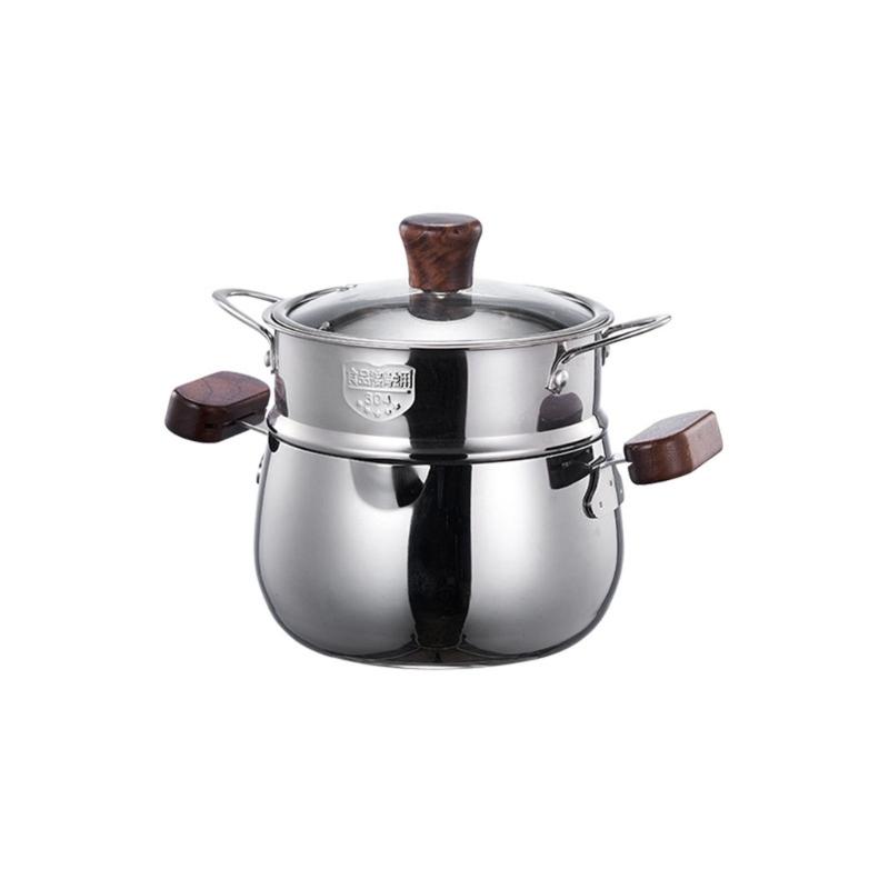 Premium 304 Stainless Steel Double Layer Steamer Pot with Wood Handle Suitable for Efficient and Even Cooking Experience