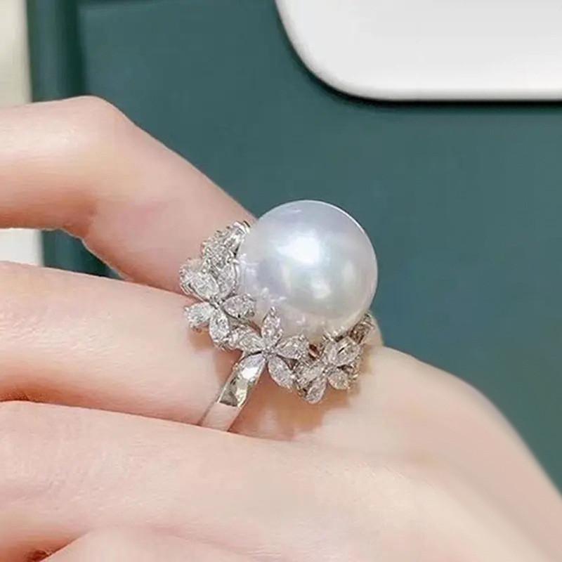 CopperBig Round Pearl Rings for Women Romantic AAA Cubic Zirconia Flower Bridal Wedding Elegant Lady Jewelry