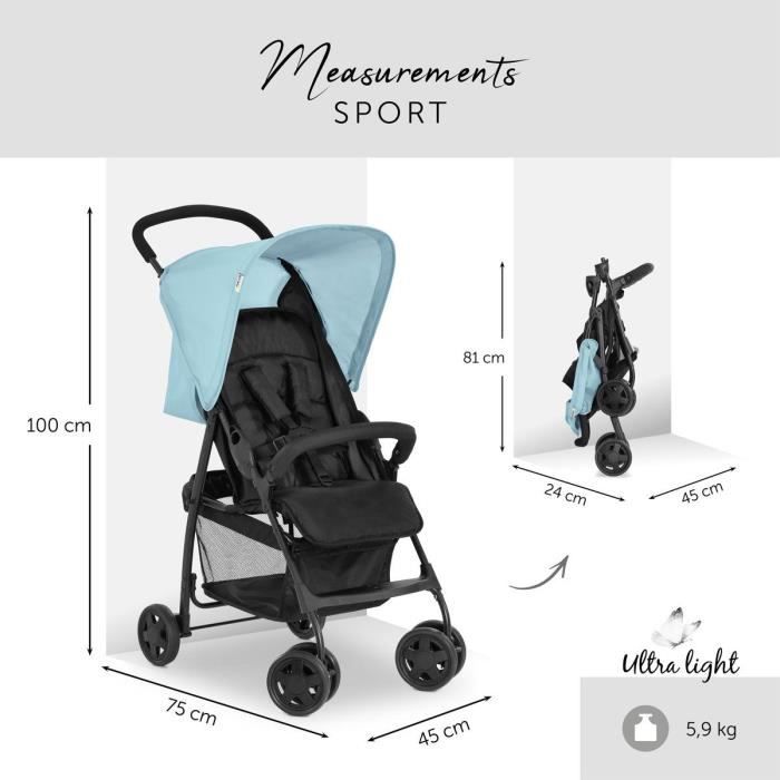 HAUCK - Poussette canne - SPORT - Pliable &amp; inclinable - Capote Pare-Soleil - 4 roues - Noir / Bleu