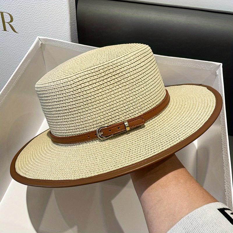 [British Fashion Hat] Summer Fashion British Flat Top Straw Hat for Women | Decorative Beach Sun Hat