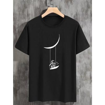 Astronaut Moon Swing Print Men's T-shirt, Crew Neck Short Sleeve Tops, Graphic Tee Men's Clothes Summer, Men's Outfits