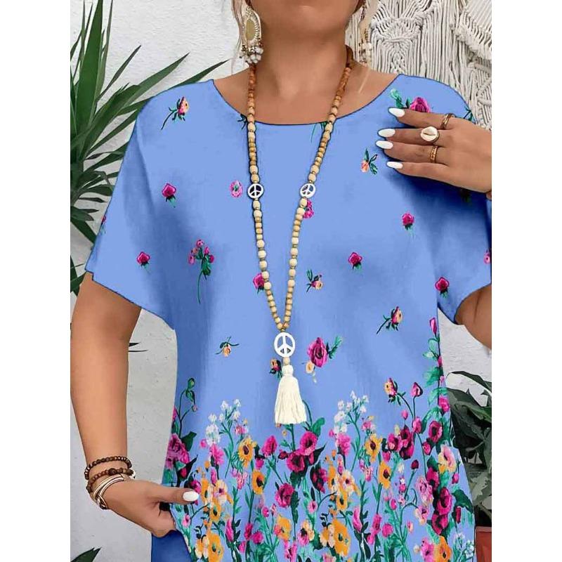 

Летний топ с круглым вырезом и цветочным узором с 3D-принтом, модная повседневная женская футболка с коротким рукавом XS