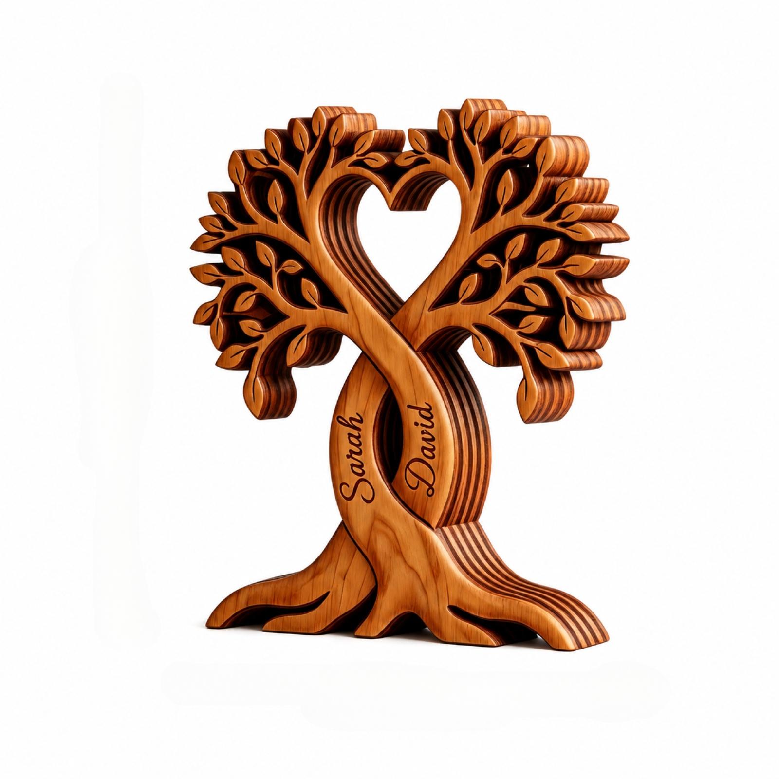Personalized Wooden Tree Sculpture Heart Shape Couple Gift Custom Engraved Names Wooden Decorative Ornament for Home Office One Size