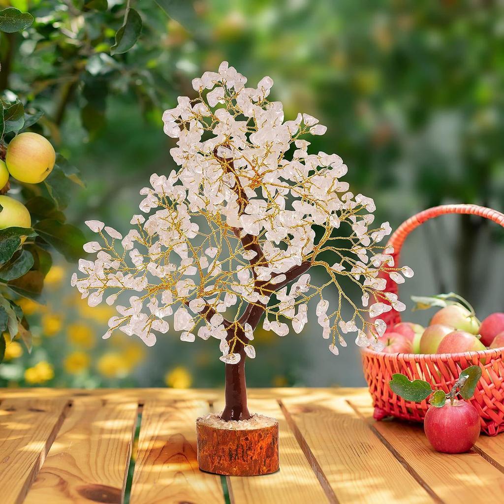 Seven Chakra Crystal Gemstone Bonsai Money Tree with Golden Wire and 300 Beads Figurine Standard Size - Clear Quartz, 1 Piece