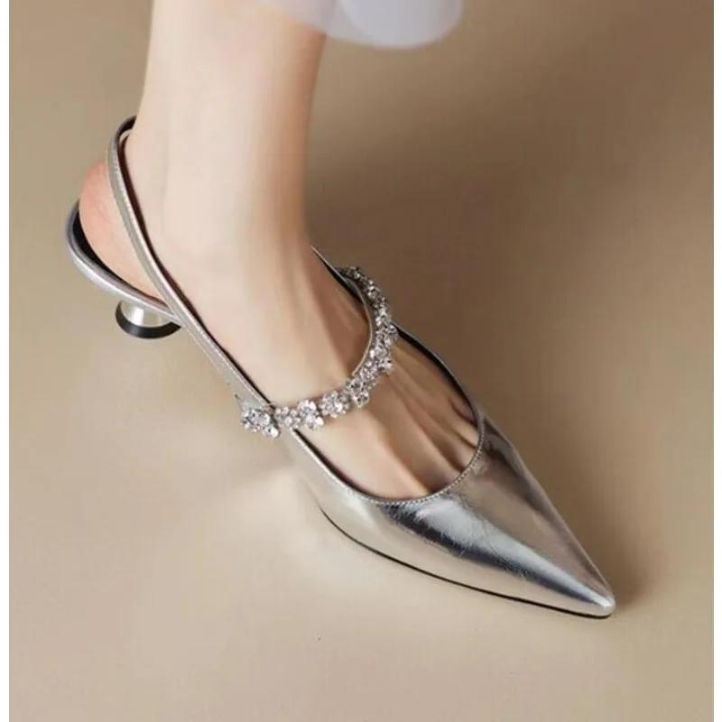 

New Black Silver Low Heels Sandals Women Shiny Crystal Straps Pointed Toe Sandals Woman Slingbacks Pumps Ladies Shoes 34 срібний